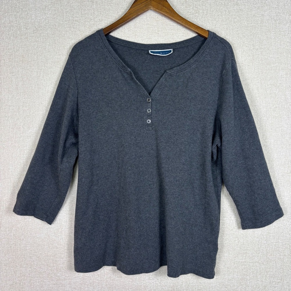 Karen Scott Womens Gray Cotton Henley Top 3/4 Sleeve Split Neck Plus Size 1X